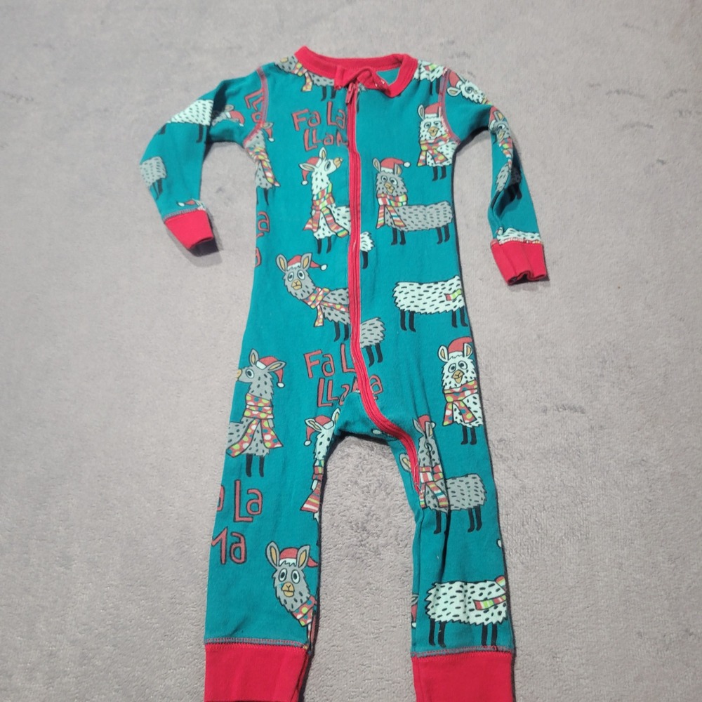 Lazy One Pajamas Unisex Teal Fa La La Llama Christmas Holiday Cotton‎ Sleeper